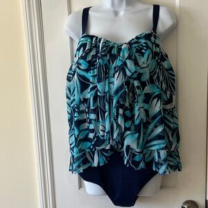 NWT Lands End 1 Piece Swimsuit Bathing 22W Mesh Bandeau Blue Teal Floral Support